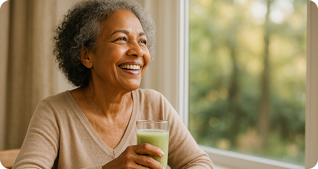 Mulher sorrindo com suco verde